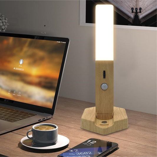 Candeeiro de Mesa em Madeira com Sensor LED – Luz Noturna Elegante para Casa